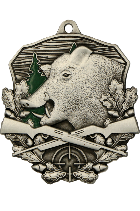 Medal odlewany w kolorze antycznego srebra MD1670/AS – myślistwo, dzik, 90 × 70 mm