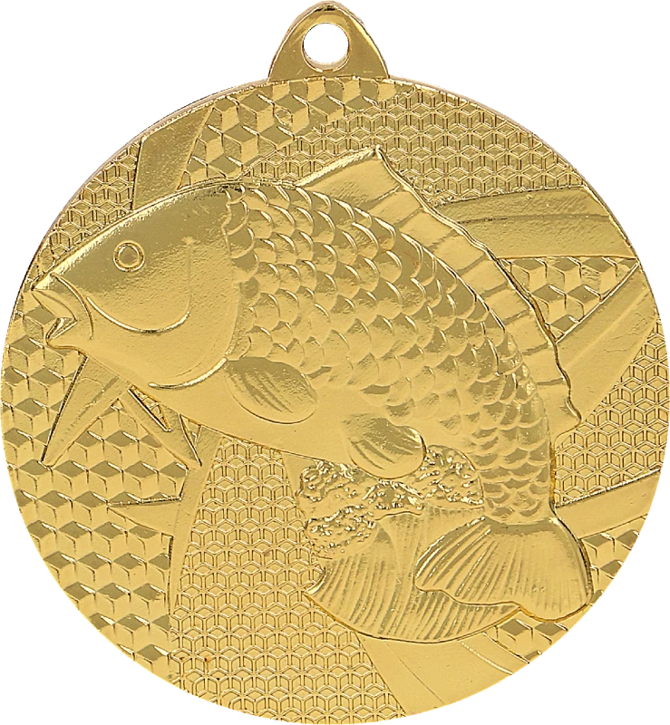 Medal stalowy złoty MMC7950/G – wędkarstwo, ryba, Ø 50 mm
