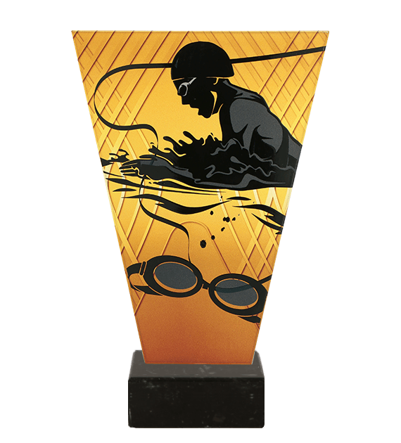 Trofeum szklane V-Line na marmurowej podstawie VL1/SWI/BK – pływanie, 4 rozmiary (15–22,5 cm)