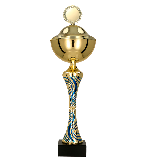 Puchar metalowy złoto-niebieski 8358 – z pokrywką lub bez, 16 rozmiarów (23,5–51 cm)
